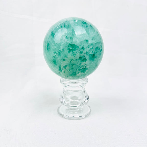 GREEN RAINBOW FLUORITE CRYSTAL ENERGY SPHERE WITH BASE